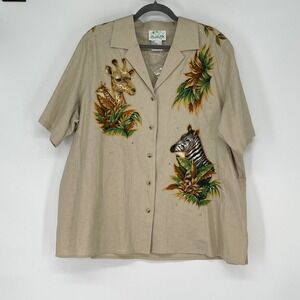 The Quacker Factory Linen Blend Safari Animal Print Button Up Shirt Size 2X‎